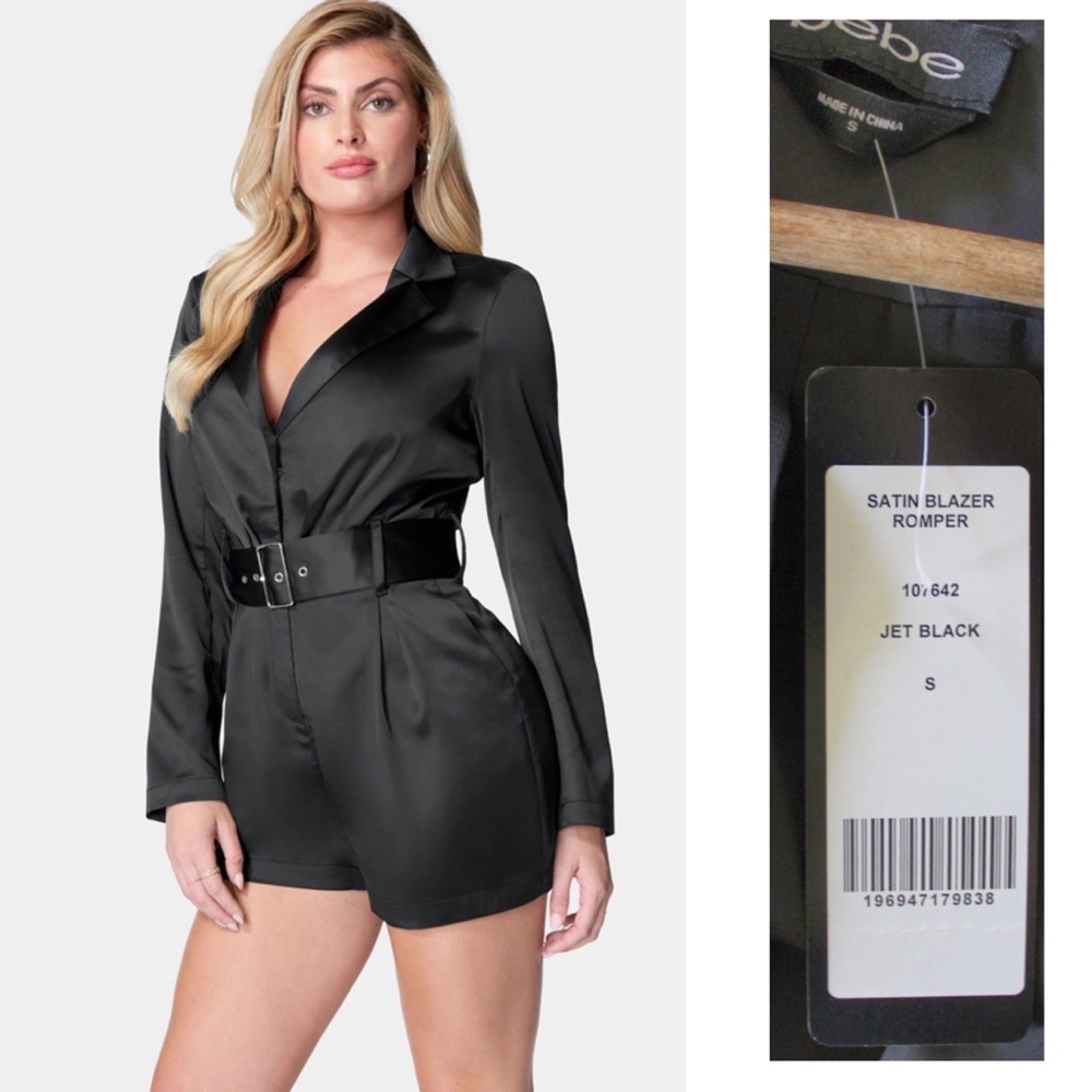 Bebe Black Belted Satin Blazer Romper Small Brand New With Tags